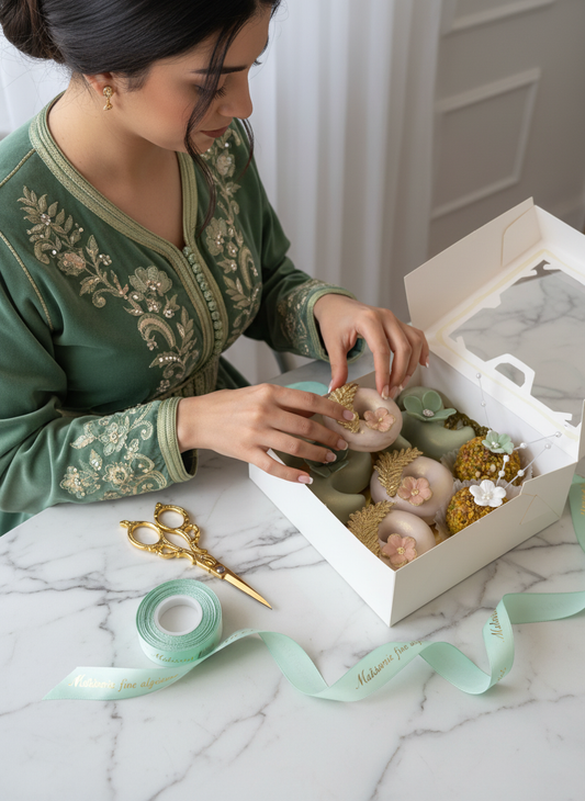 Coffrets de pâtisseries algériennes artisanales pour mariages, fêtes et événements.